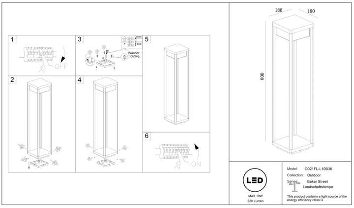 Borne extérieure baker street en aluminium noir, lanterne led extérieure rectangulaire haute de 900 mm sur 180 mm
