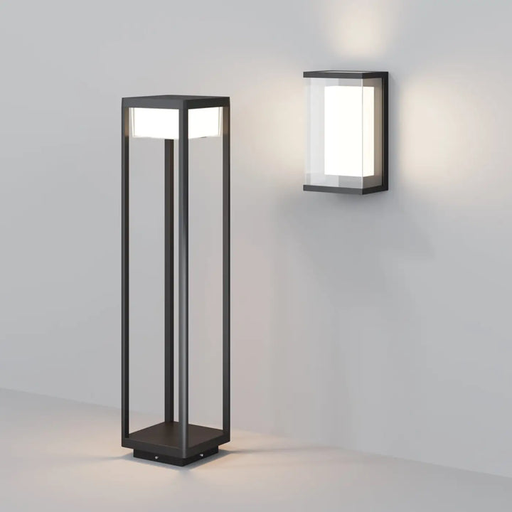 Borne extérieure baker street en aluminium noir avec lampe sur pied et applique murale en verre clair moderne