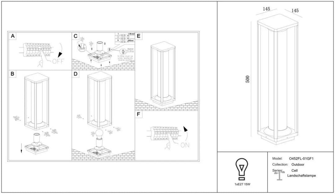 Borne extérieure cell modèle q452fl-01f/1 avec diffuseur transparent en aluminium graphite dimensions 145x500 cm