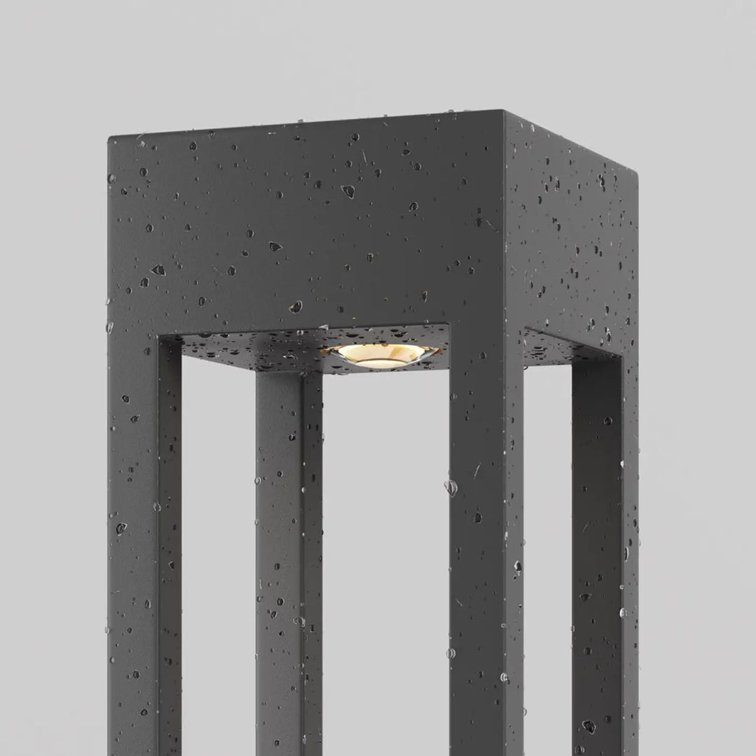 Borne extérieure elbe carrée en aluminium gris avec profil carré et lanterne noire texturée à lumière chaude encastrée