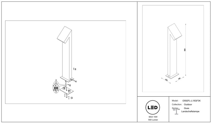 Borne extérieure en acier noir avec tête inclinée et design moderne minimaliste en inox pour éclairage led paysage