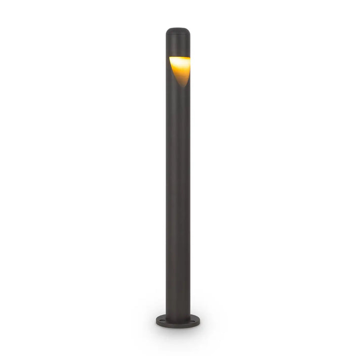 Borne extérieure cylindre étroit en acier noir avec lumière jaune chaude émise par le haut du modèle hag en forme cylindrique