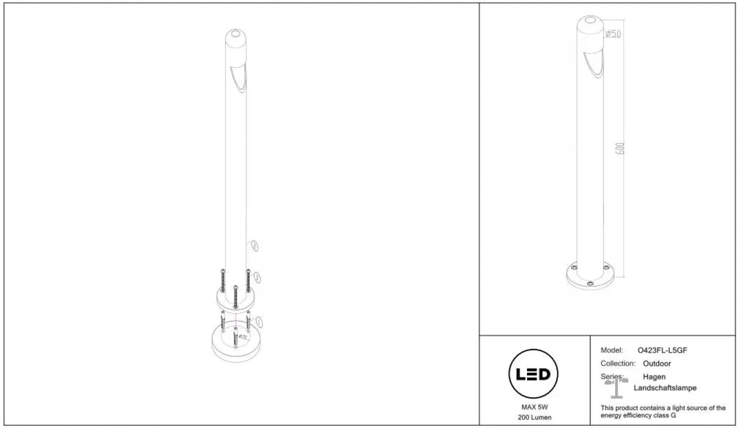 Borne extérieure led en acier noir avec cylindre étroit et base circulaire modèle 0423pl-5gf hagen