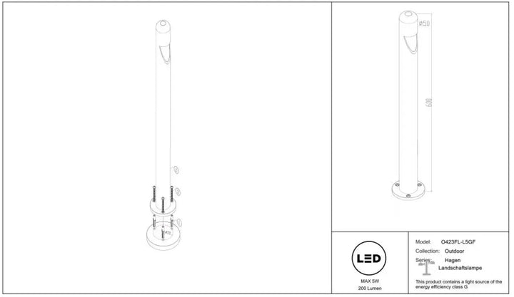 Borne extérieure led en acier noir avec cylindre étroit et base circulaire modèle 0423pl-5gf hagen