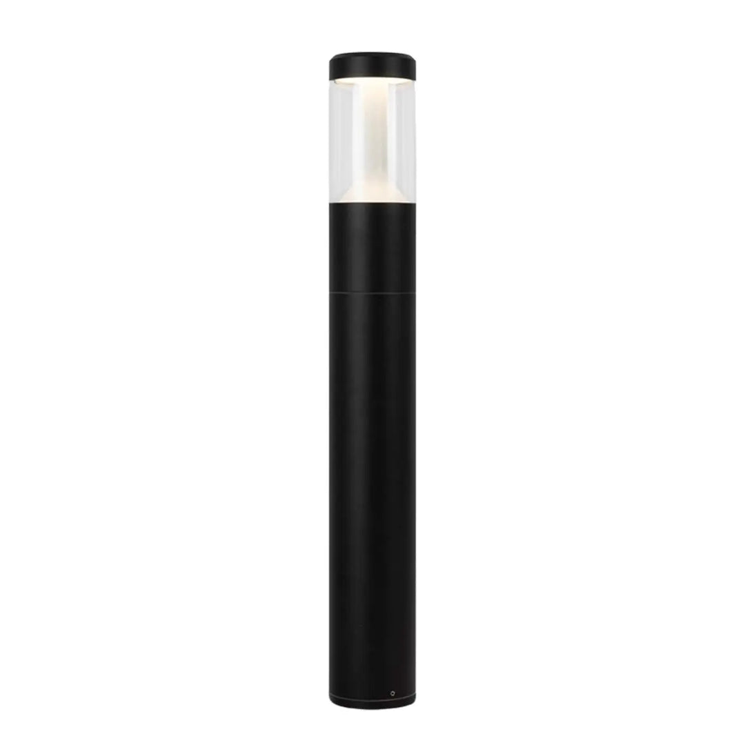 Borne extérieure cylindrique en acier noir avec lumière claire et verre transparent pour éclairage extérieur