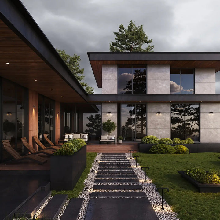Modern two-story house featuring borne extérieure led in aluminium noir with sleek concrete wood facade and large windows