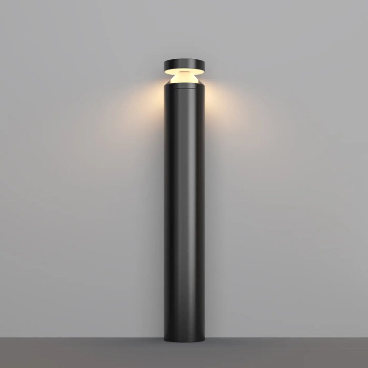 Borne extérieure cylindrique acier noir version basse avec lumière led chaude design moderne minimaliste