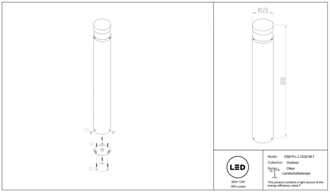 Borne extérieure acier noir version basse olten cylindre 800 mm hauteur ø120 mm diamètre led extérieur