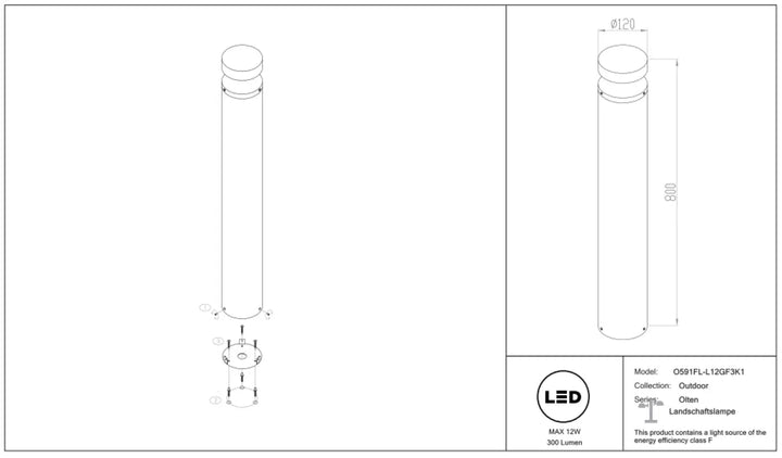 Borne extérieure acier noir version basse olten cylindre 800 mm hauteur ø120 mm diamètre led extérieur