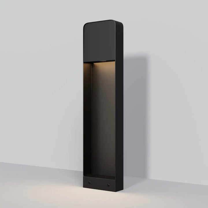 Borne extérieure cadre vertical noire avec effet bois et éclairage led chaud pour mur extérieur moderne