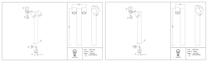Technical drawings of a borne extérieure wall street led pole light with culot gu10 and indice ip54 protection