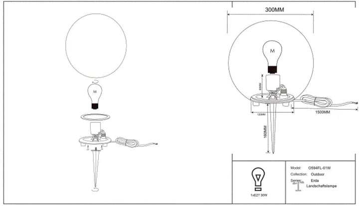 Luminaire extérieur erda avec boule lumineuse sphère opaline et base noire pour une lumière douce en jardin