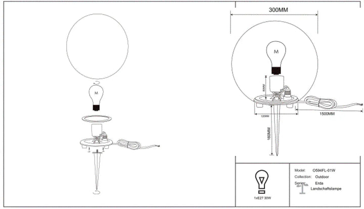 Luminaire extérieur erda avec boule lumineuse sphère opaline et base noire pour une lumière douce en jardin
