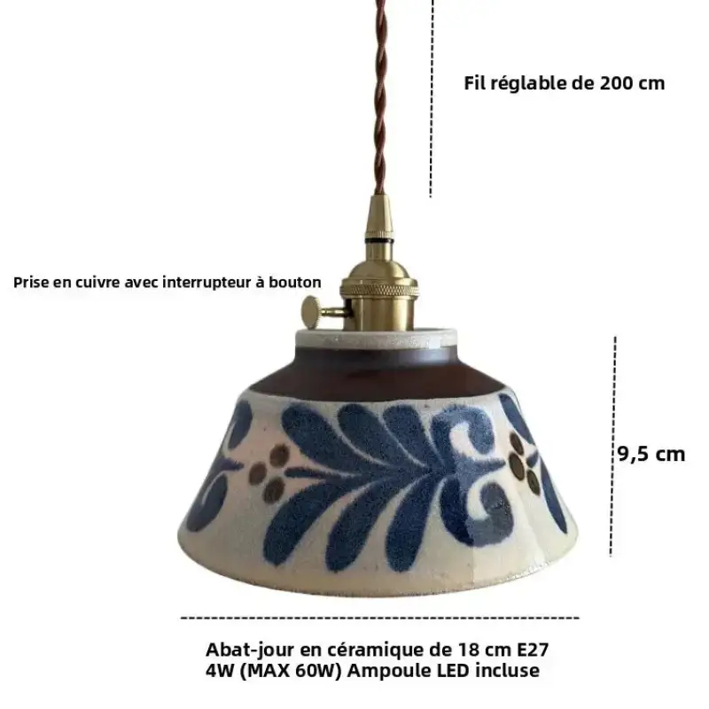 Suspension céramique avec motif floral bleu blanc doré chic