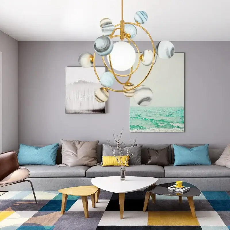 Suspension luminaire moderne avec boules en verre marbré bleu