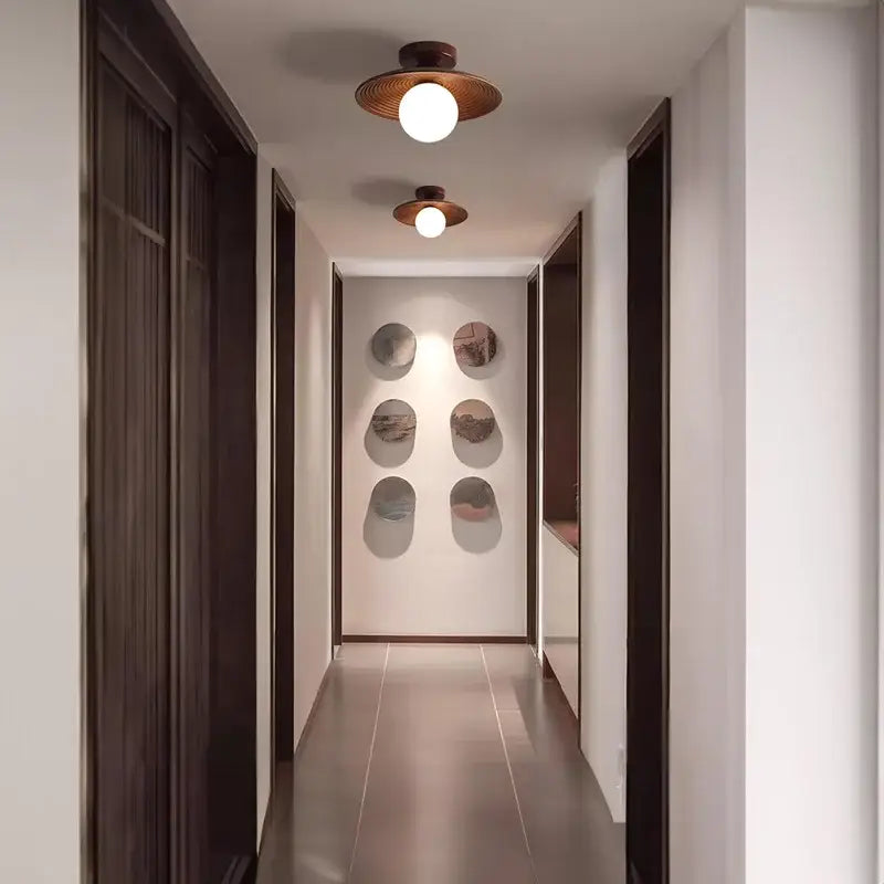 Plafonnier design bois noix et fer led décor bois marron