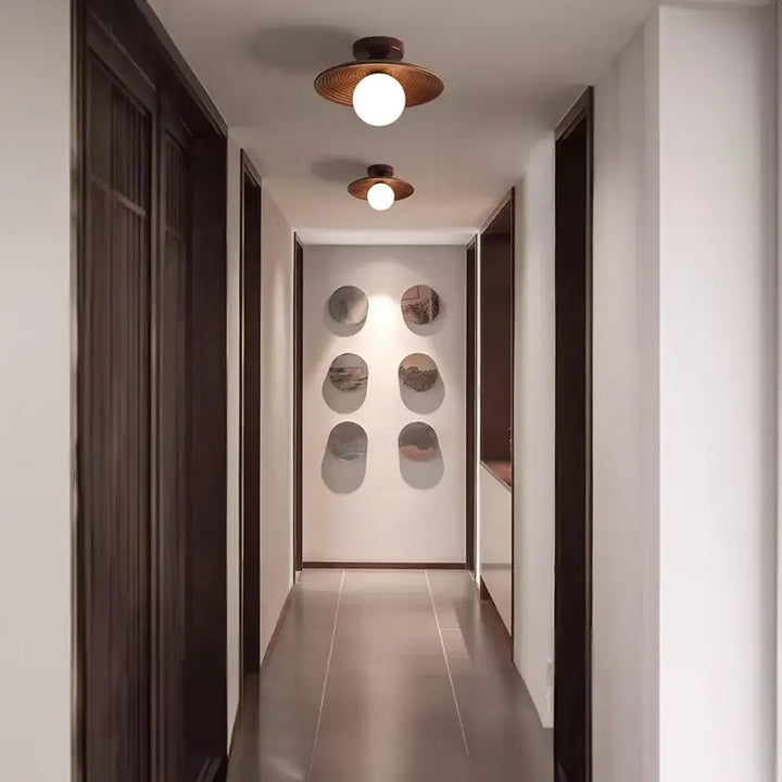 Plafonnier design bois noix et fer led décor bois marron