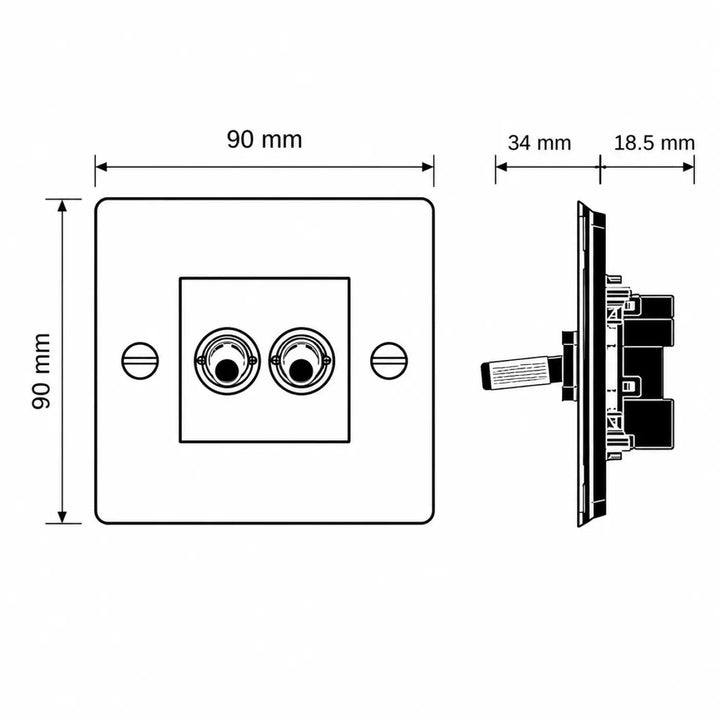 Interrupteur double toggle bronze fumé en métal massif 90mm carré avec deux prises circulaires et mécanisme interne visible
