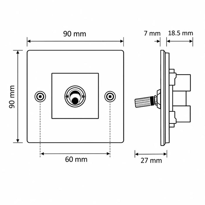 Interrupteur va-et-vient toggle 90mm carré avec bouton central 60mm et gravure quadrillée pour installation précise