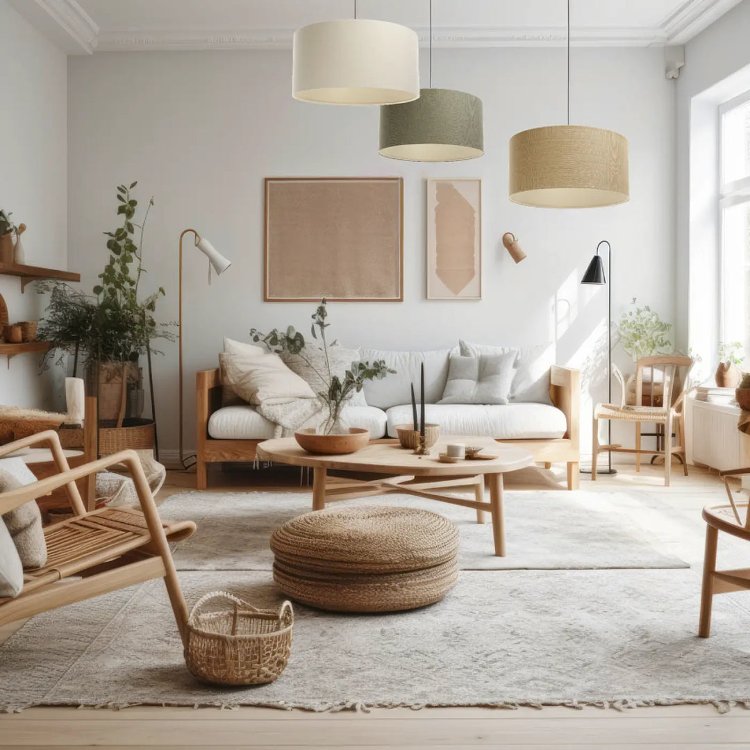 Suspension luminaire beige cylindrique en tissu crème avec texture tissée pour décoration intérieure élégante boho