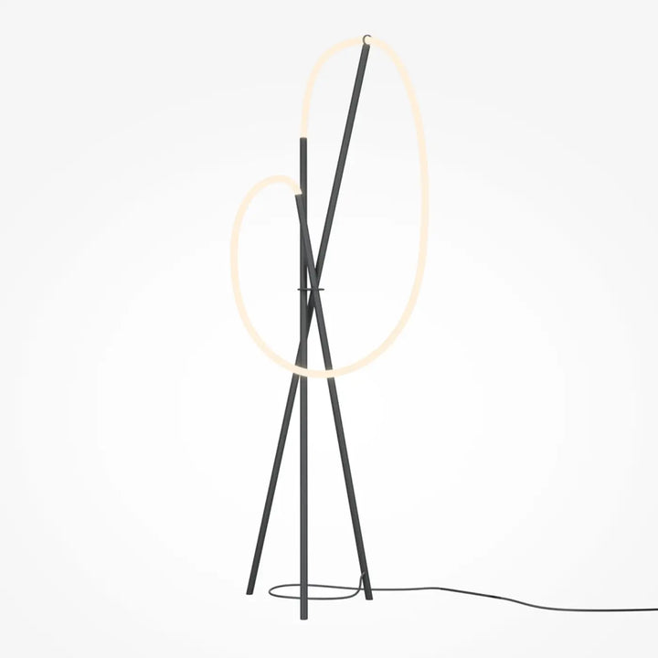 Lampadaire crochet en métal noir moderne avec deux anneaux led dimmables circulaires lumineux silicone blanc