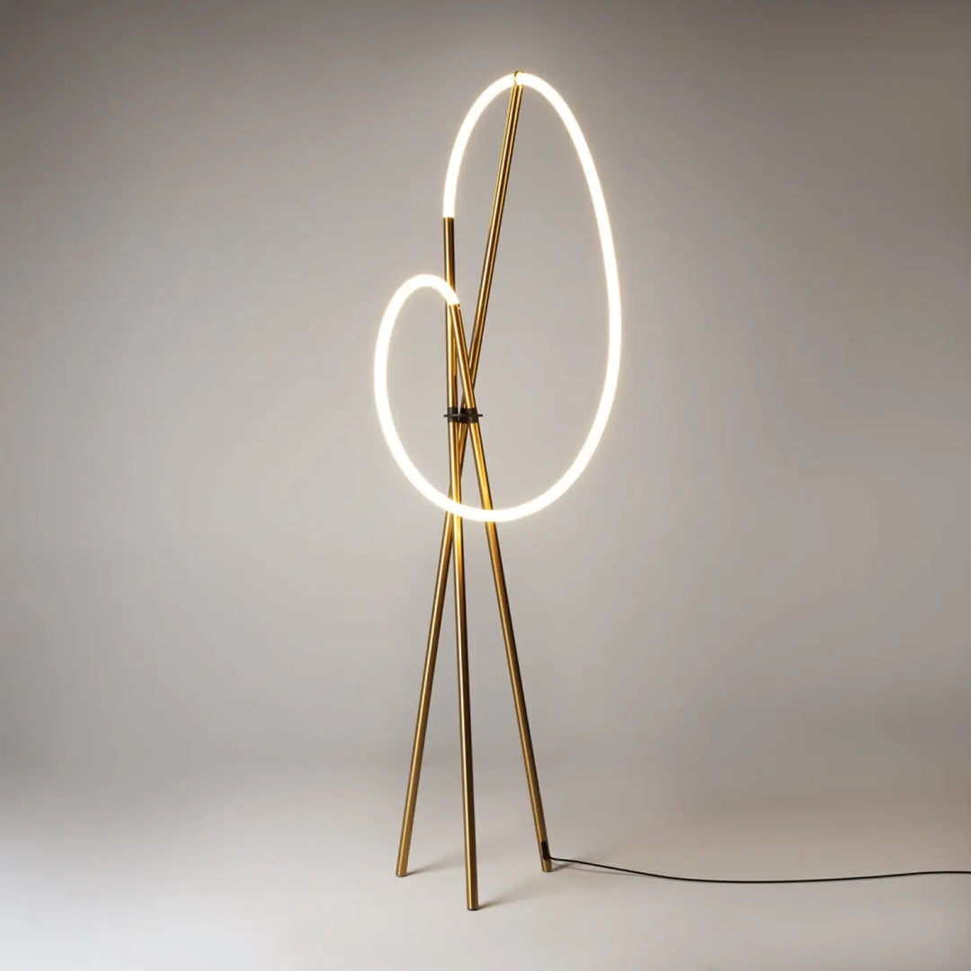 Lampadaire crochet trépied en métal doré avec deux anneaux led dimmables silicone blanc lumineux