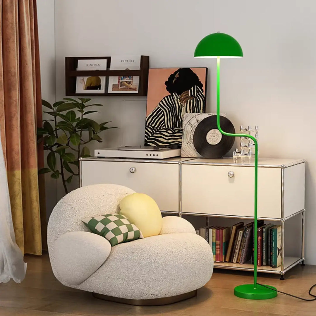 Lampadaire sairam design contemporain avec abat-jour vert vif en forme de dôme et pied incurvé circulaire