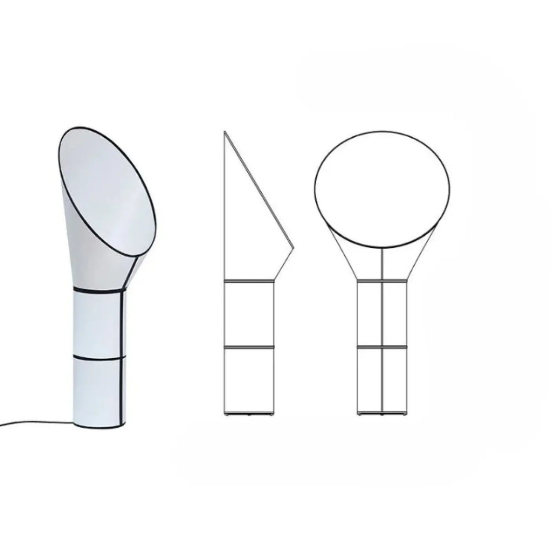Lampadaire aloris blanc avec lumière douce, abat-jour conique courbé et pied segmenté, design moderne élégant
