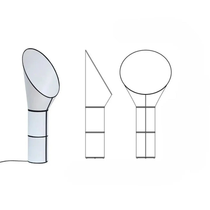 Lampadaire aloris blanc avec lumière douce, abat-jour conique courbé et pied segmenté, design moderne élégant