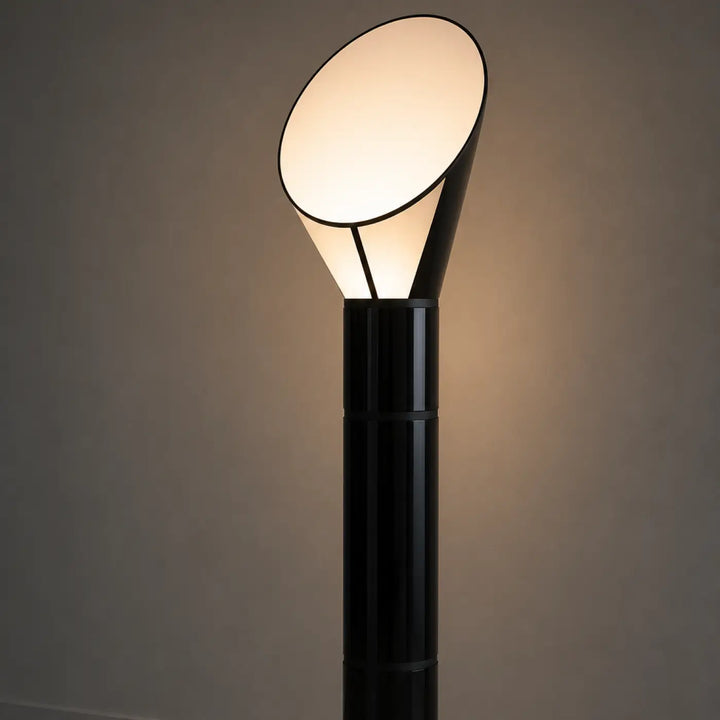Lampadaire aloris noir moderne avec base cylindrique et tête ovale émettant une lumière douce design moderne