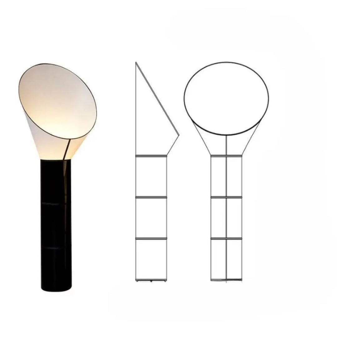 Lampadaire aloris design moderne noir avec base cylindrique effilée et lumière douce diffuse par abat-jour en verre dépoli