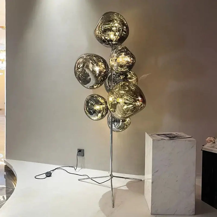 Lampadaire design en verre fumé ambré et chrome moderne