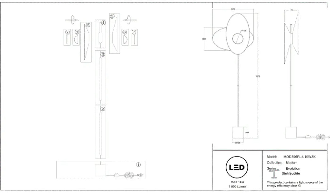 Lampadaire evolution mod3rpl-l10wk blanc avec double abat-jour aluminium noir et lumière douce led éclairage classe a
