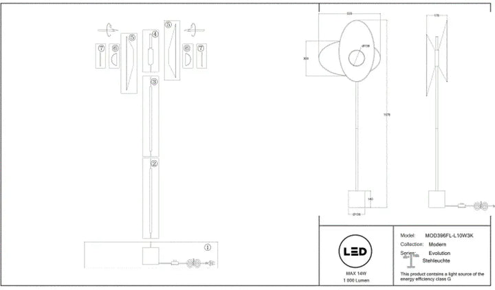Lampadaire evolution mod3rpl-l10wk blanc avec double abat-jour aluminium noir et lumière douce led éclairage classe a