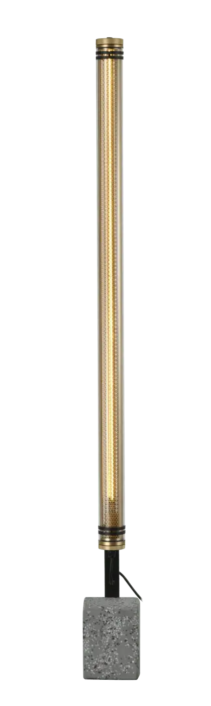 Lampadaire lukas extérieur doré à corps cylindrique en verre texturé translucide avec socle en pierre grise élégant s’intègre facilement