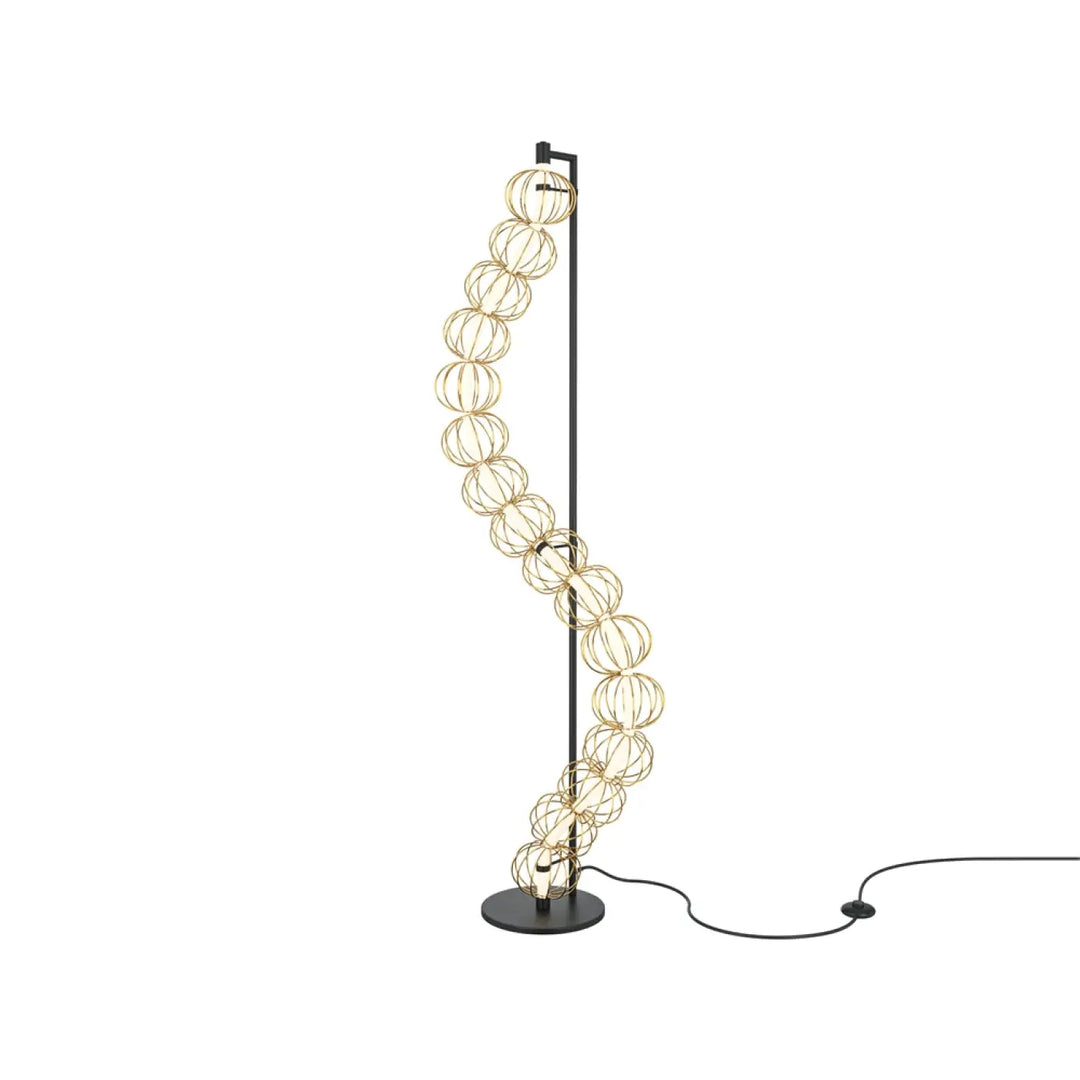 Lampadaire golden cage en fil métallique doré sphérique avec un pied et une base noirs élégants