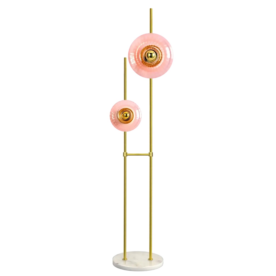 Lampadaire grace avec deux abat-jours en verre soufflé rose et base en marbre blanc avec accents dorés