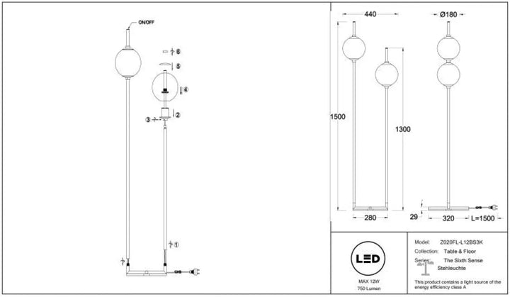 Lampadaire sixth sense avec deux globes en verre sphériques sur pied métallique élégant au design minimaliste
