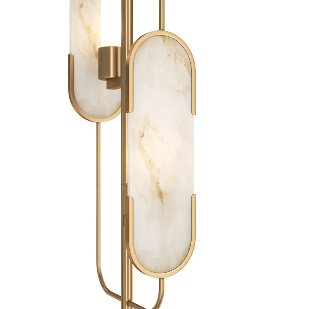 Elegant lampadaire marmo pied doré with two oval off-white marbre blanc panels featuring subtle veining