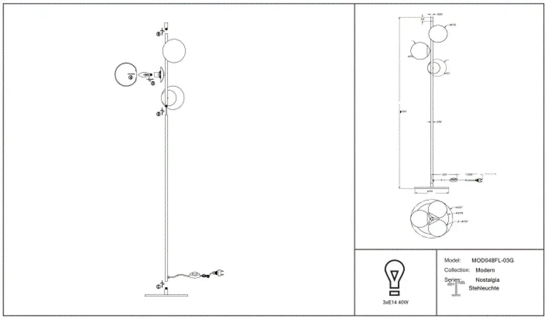 Lampadaire nostalgia avec trois globes en verre opalin et structure en acier noir pour intérieur moderne