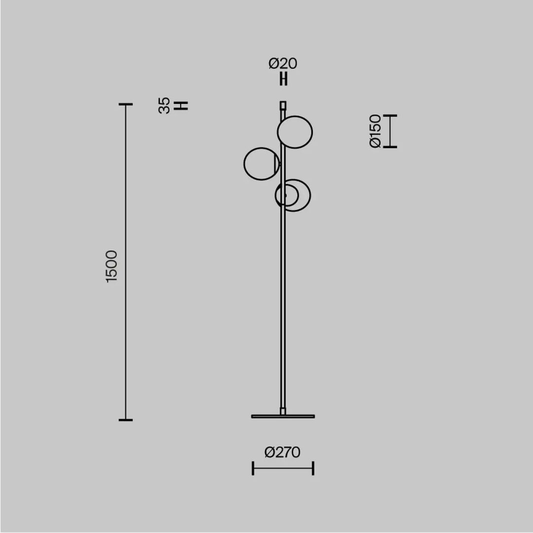 Lampadaire trois globes en acier noir avec trois abat-jours sphériques en verre opalin minimaliste et élégant
