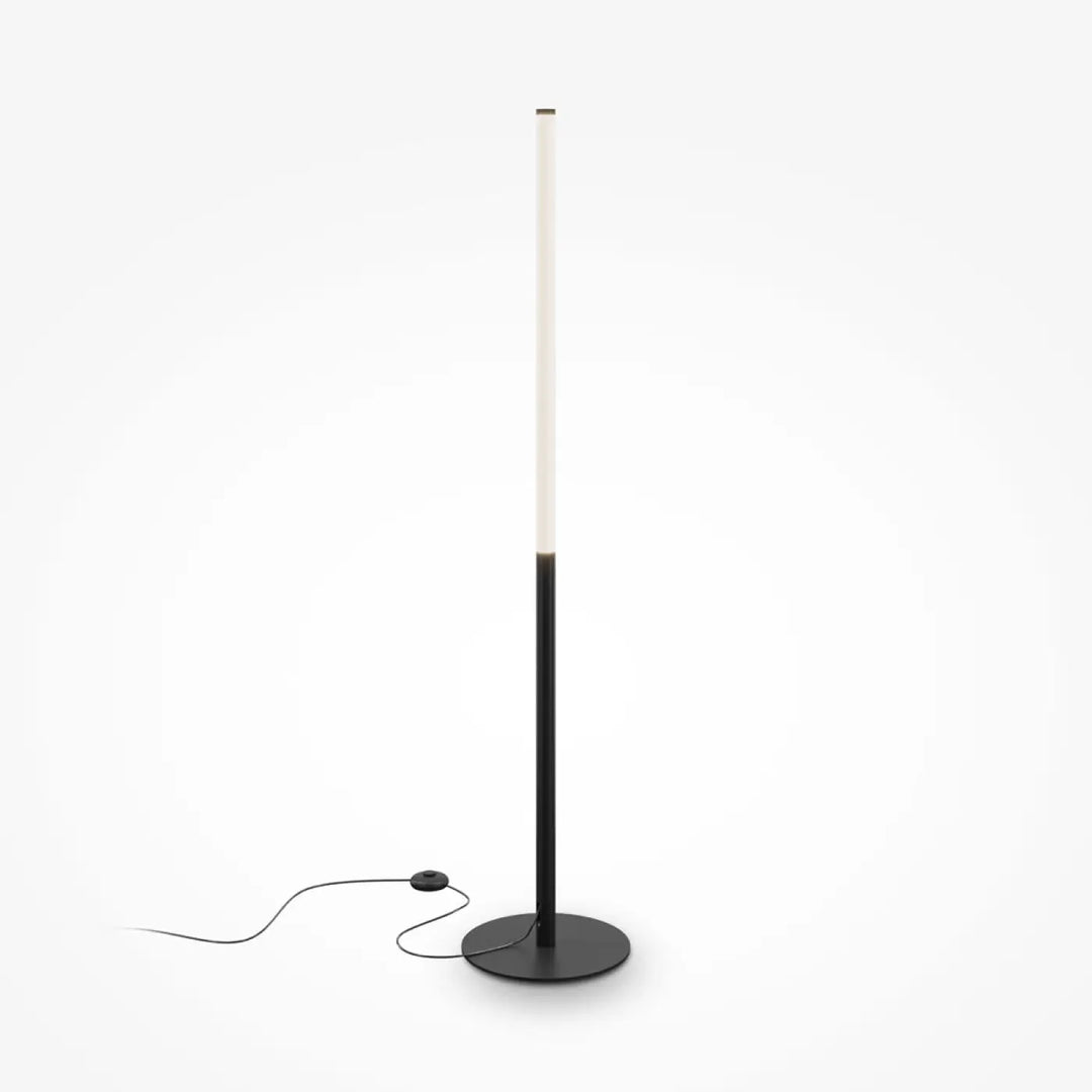 Lampadaire ray tube lumineux avec base et tige en acier noir et tube lumineux cylindrique blanc éclaire vers le haut