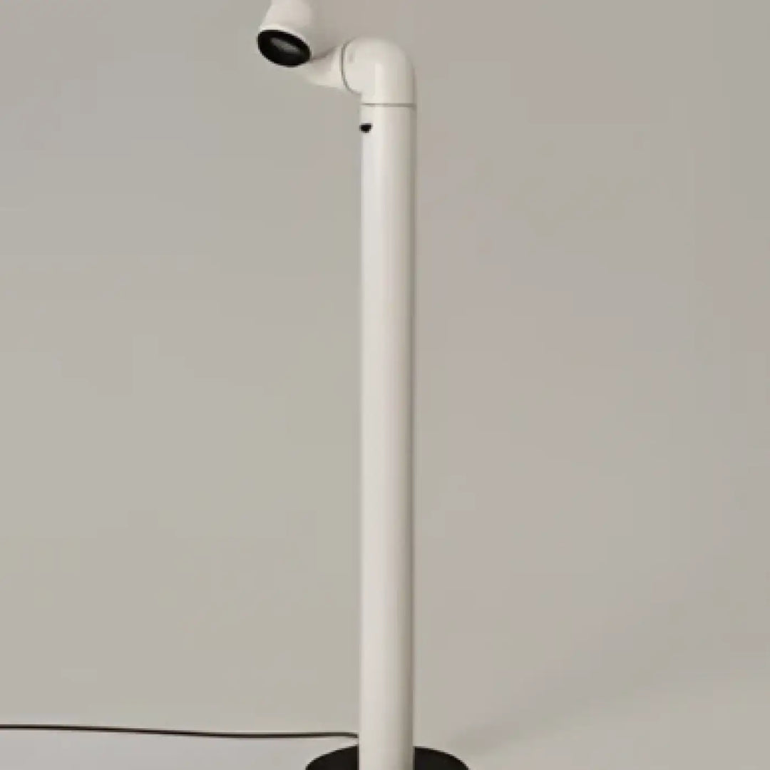Lampadaire kalia blanc cylindrique avec bras réglable et lumière circulaire design rétro futuriste minimaliste