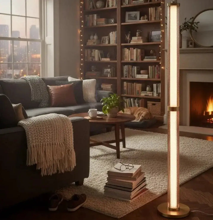 Lampadaire tiffany grand et élancé avec panneaux en verre texturé et lumière chaude rose spinelle