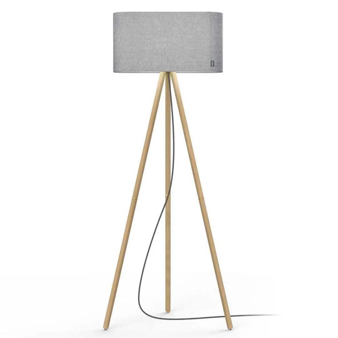 Lampadaire Belmont, abat-jour gris argenté et pieds en chêne