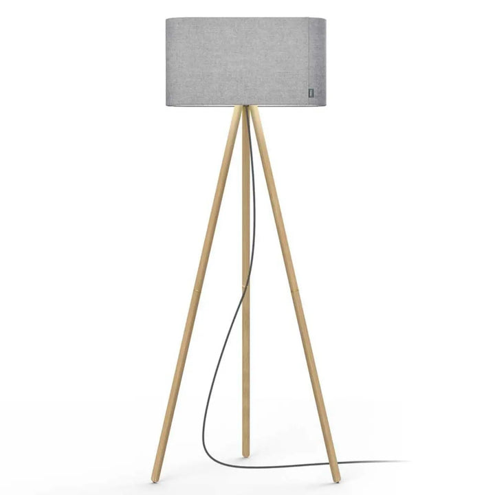 Lampadaire Belmont, abat-jour gris argenté et pieds en chêne