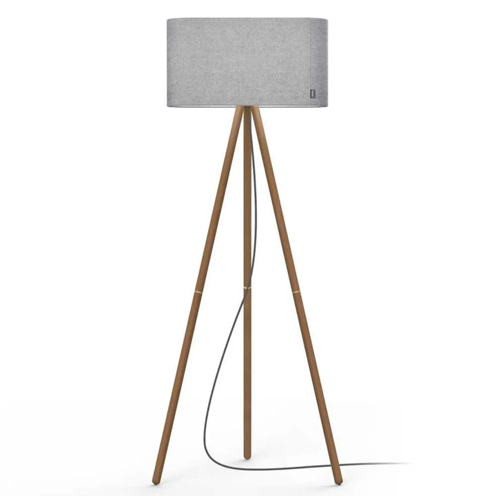 Lampadaire Belmont, abat-jour gris argenté et pieds en noyer