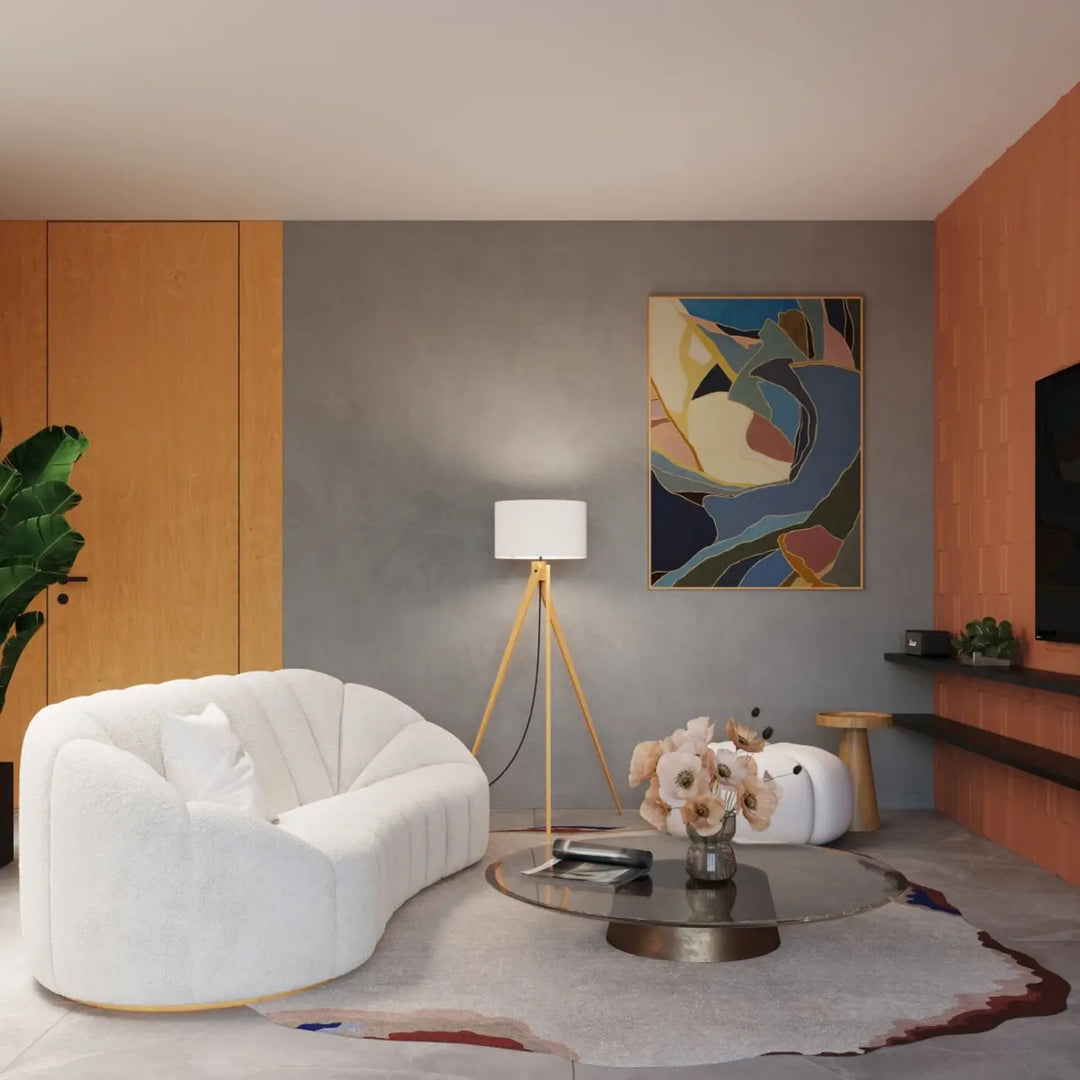 Lampadaire bois blanc/naturel dans un intérieur contemporain