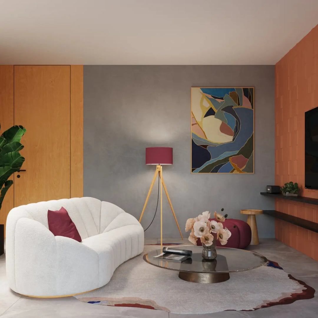 Lampadaire bordeaux/bois naturel dans un intérieur contemporain