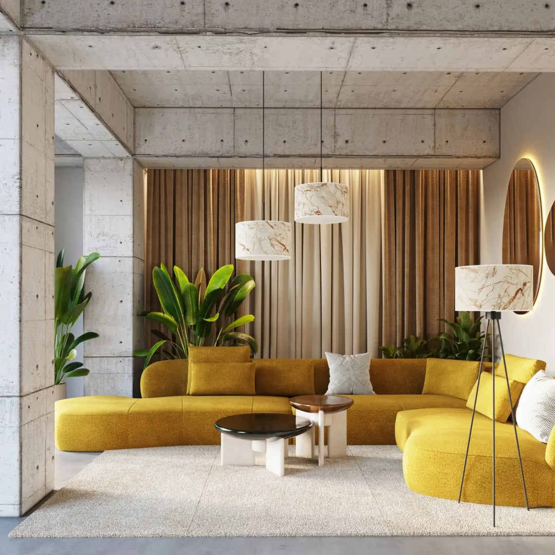Lampadaire marbre beige/noir dans un intérieur contemporain